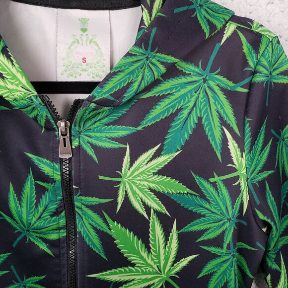 Peacocks Green Weed Leaf Hoodie S Black Green Zip Up Streetwear Y2K Skater 35x23 - Picture 4 of 8